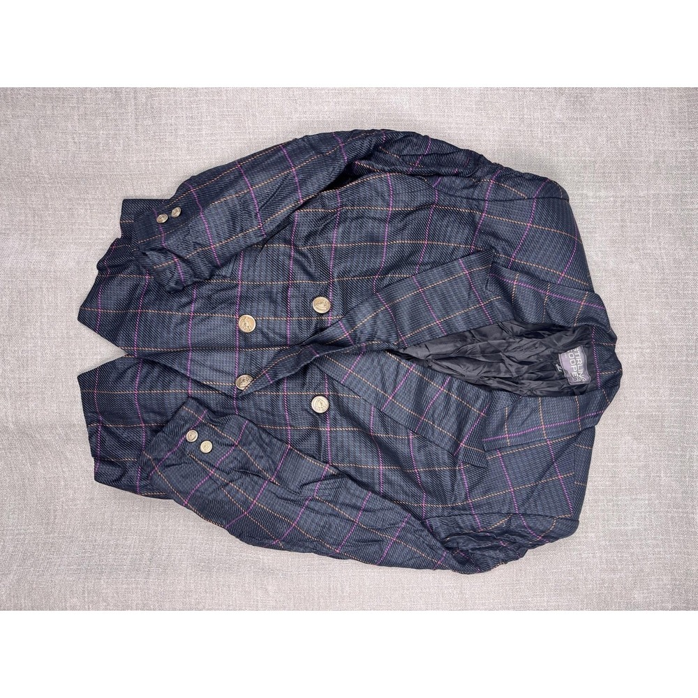 Vintage Stirling Cooper Blazer Womens 14 Blue Plaid Shoulder Pads Gold Buttons